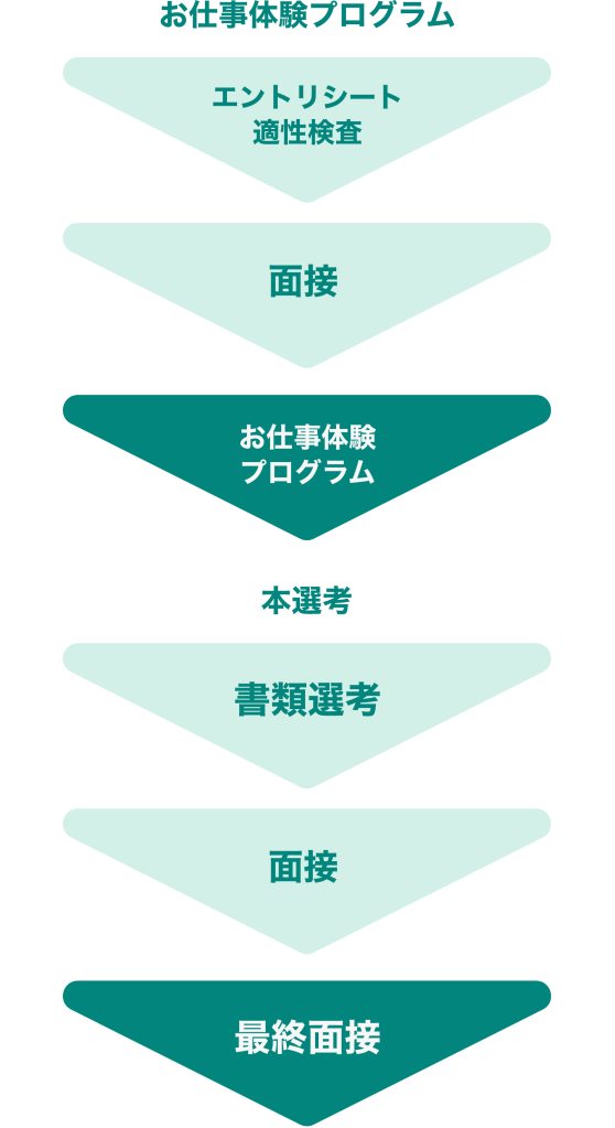 お仕事体験プログラム(エントリーシート→面接→お仕事体験プログラム→)本選考(書類選考→面接→最終面接)